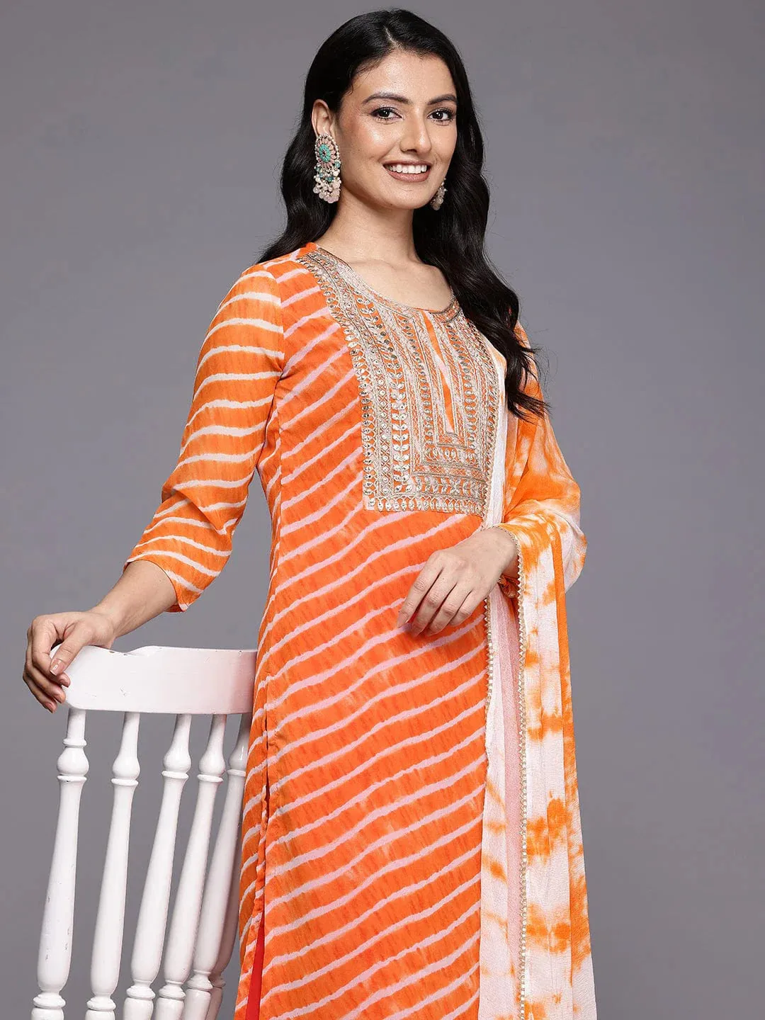 Orange Leheriya Zari Embroidered Silk Georgette Kurta with Shatoon Botton and a Silk Chiffon Dupatta