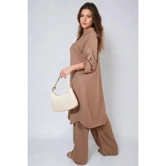 Oversized Button Front Shirt & Wide Leg Pants Co-ord Set