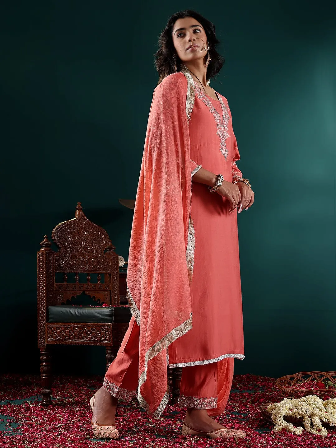 Peach Silk Blend Zari Embroidered Suit Set with Silk Chiffon Dupatta