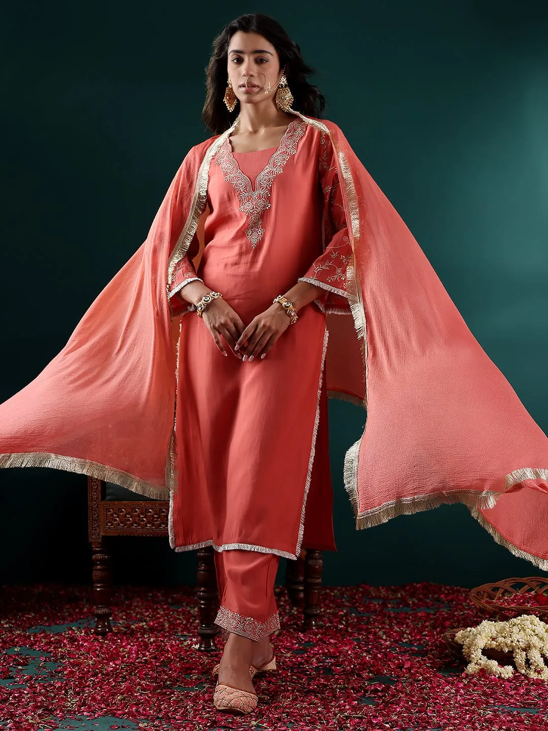 Peach Silk Blend Zari Embroidered Suit Set with Silk Chiffon Dupatta