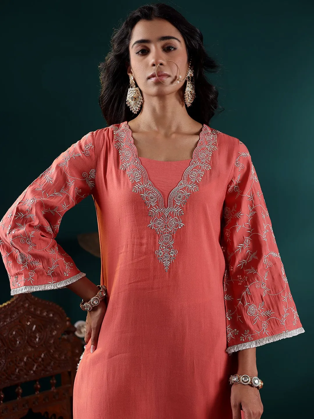 Peach Silk Blend Zari Embroidered Suit Set with Silk Chiffon Dupatta