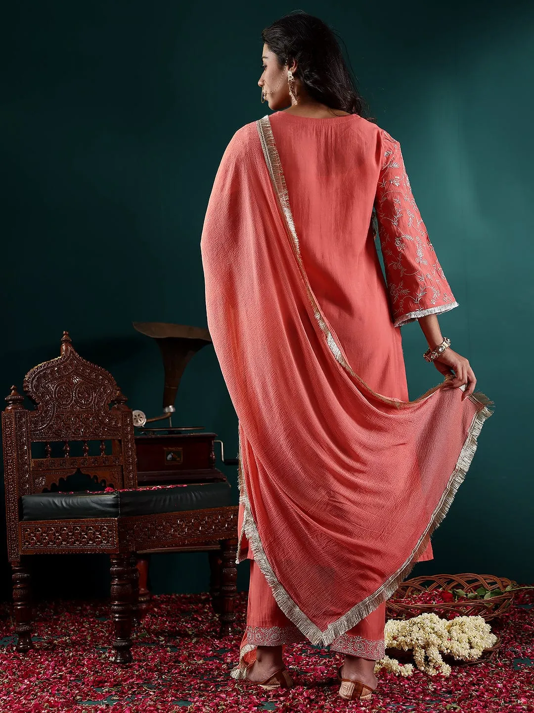 Peach Silk Blend Zari Embroidered Suit Set with Silk Chiffon Dupatta