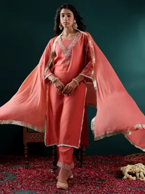 Peach Silk Blend Zari Embroidered Suit Set with Silk Chiffon Dupatta