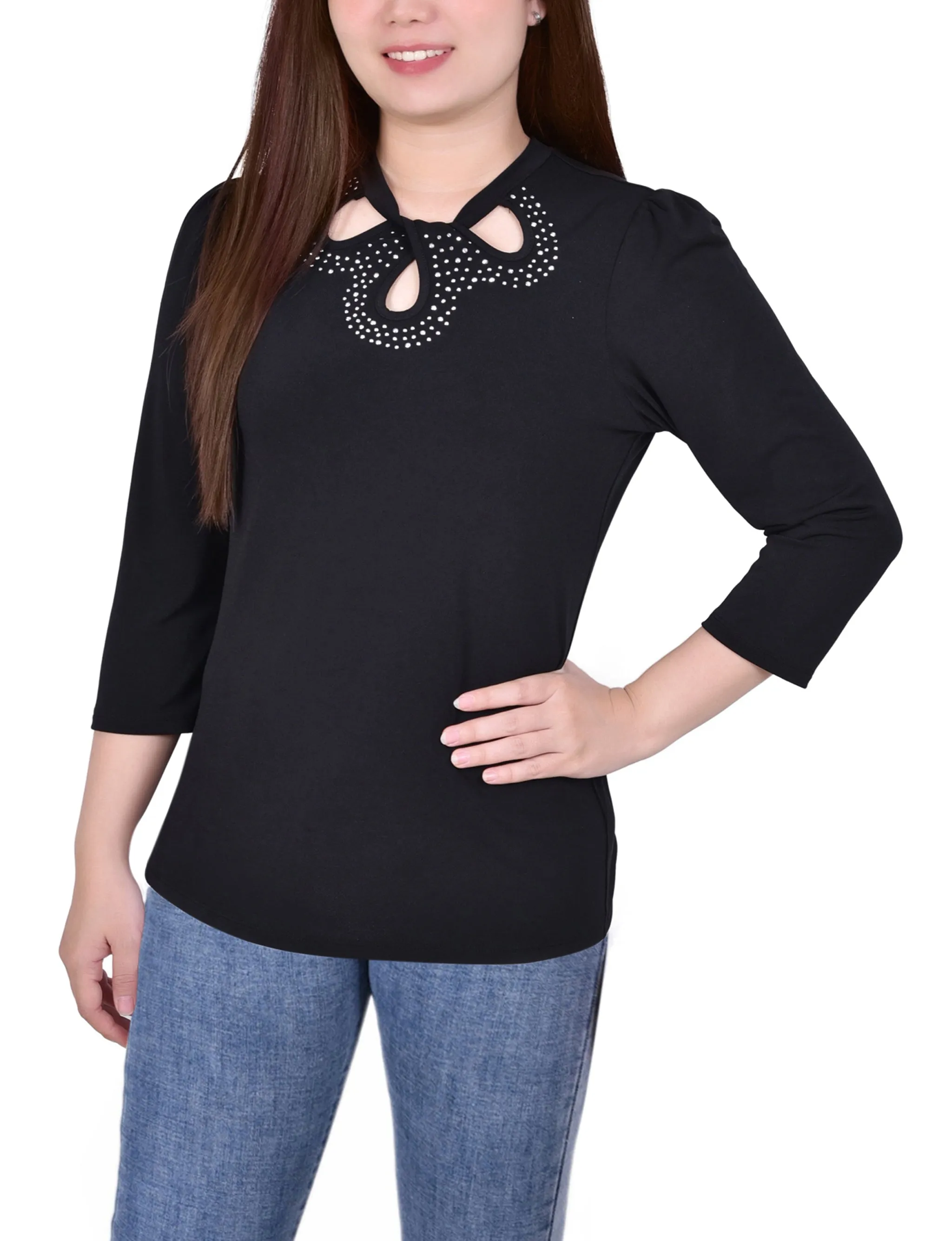 Petite 3/4 Slv Knit Crepe Studded Keyhole Top