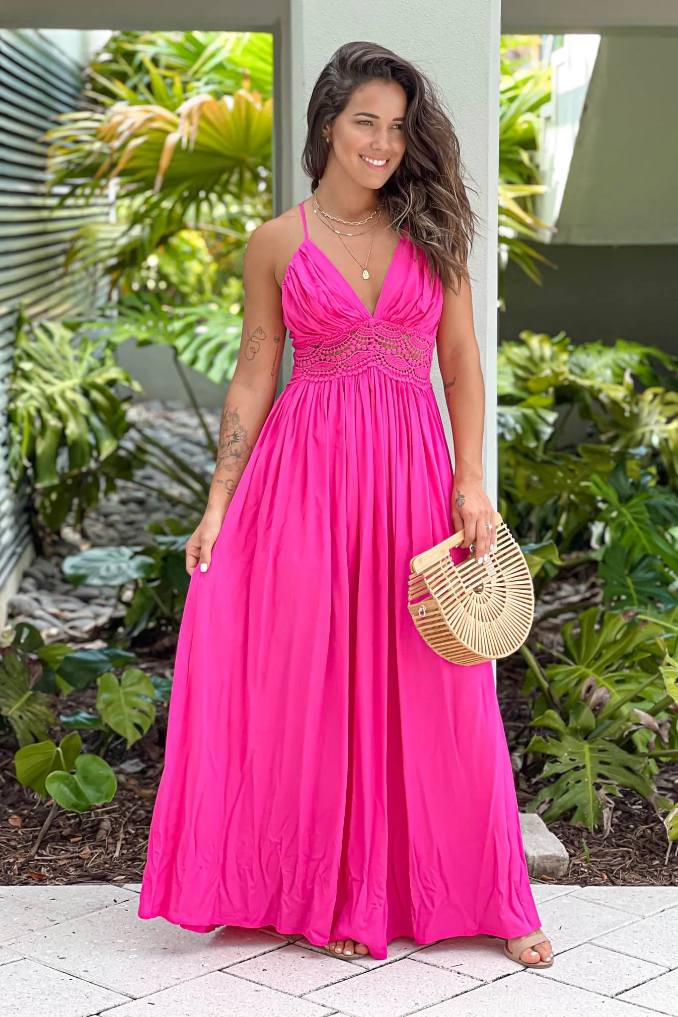 Pink Maxi Dress With Crochet Trim And Open Back