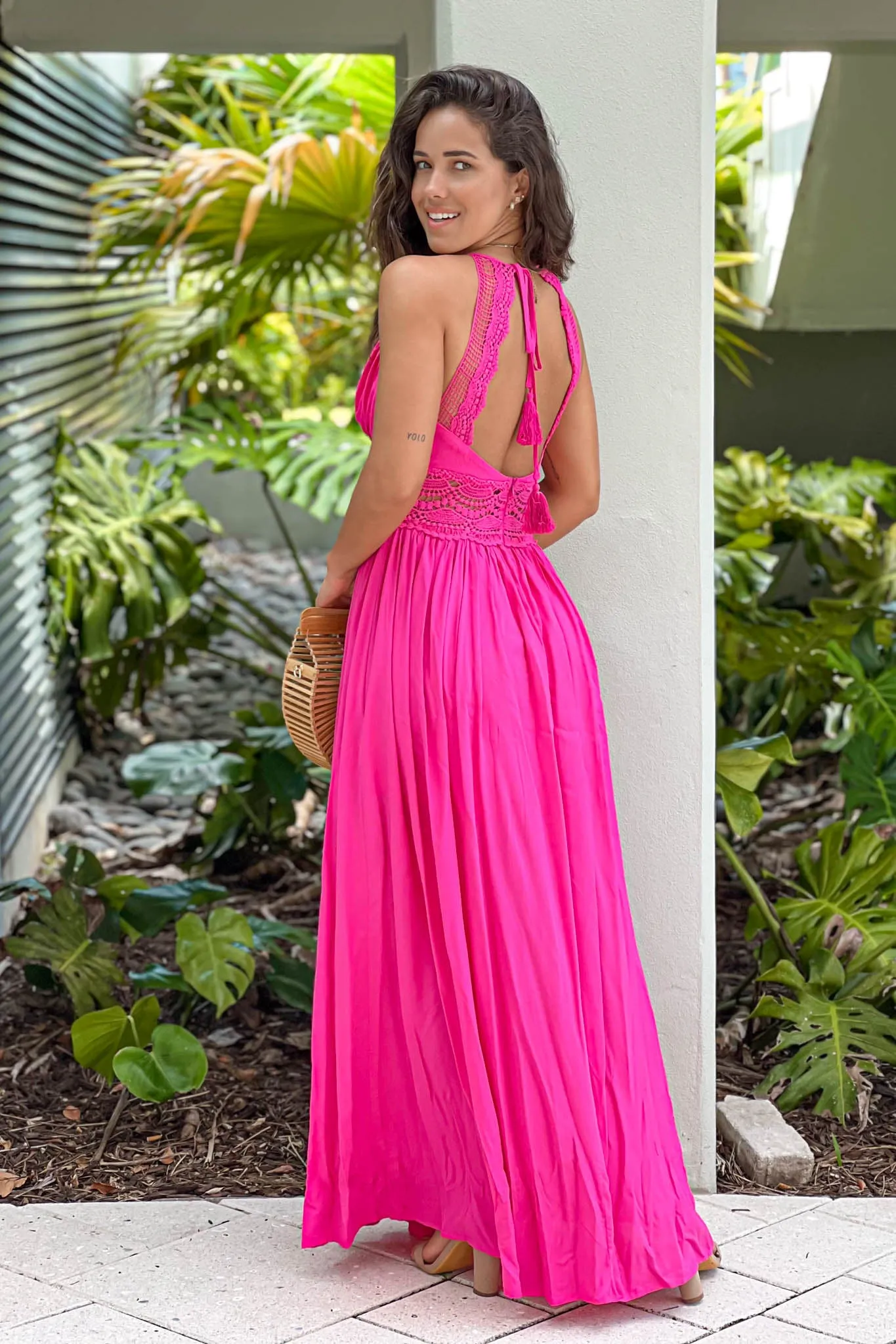 Pink Maxi Dress With Crochet Trim And Open Back