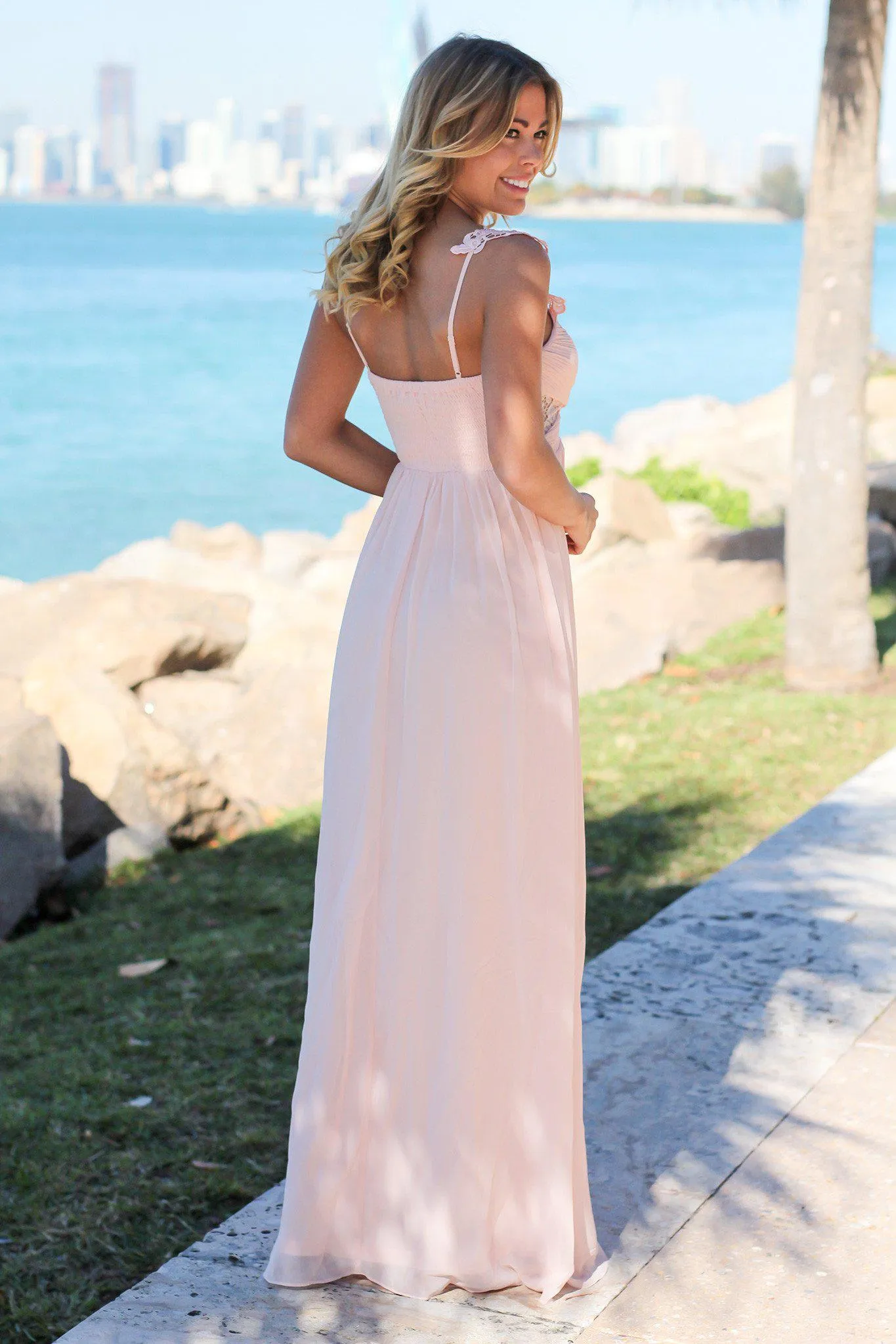 Pink Maxi Dress with Pleated Top and Crochet Detail