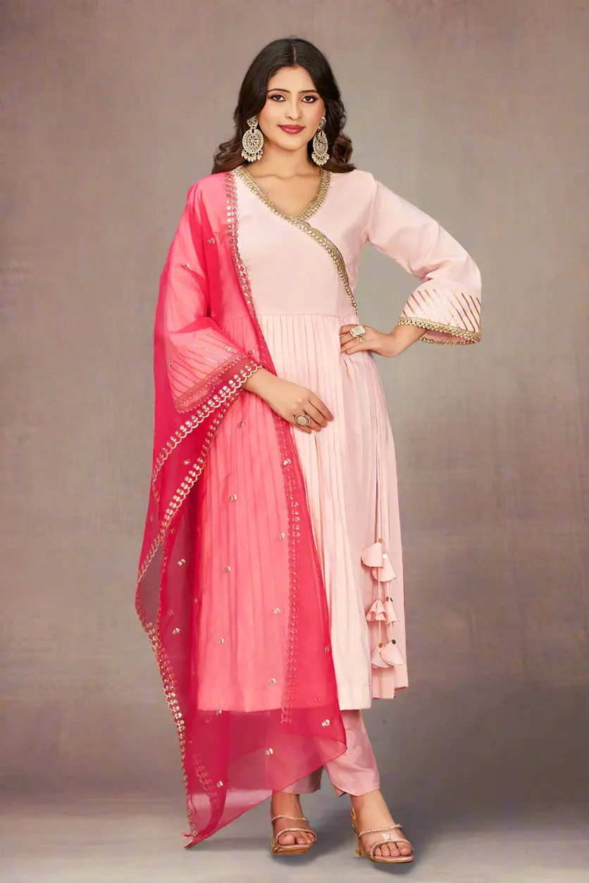 Pink Peach Art Silk Angrakha Neck Kurta Set with Trousers and Dupatta