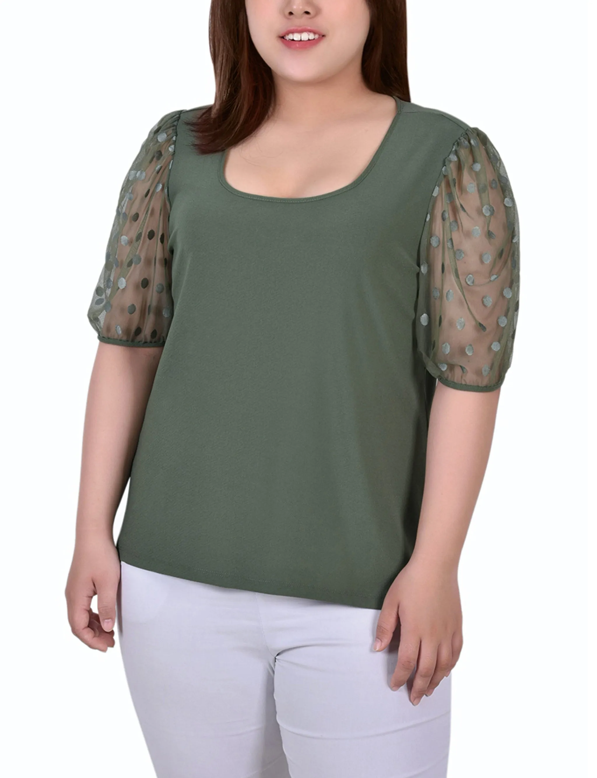 Plus Size Elbow Sleeve Crepe Top With Mesh Dotted Sleeves