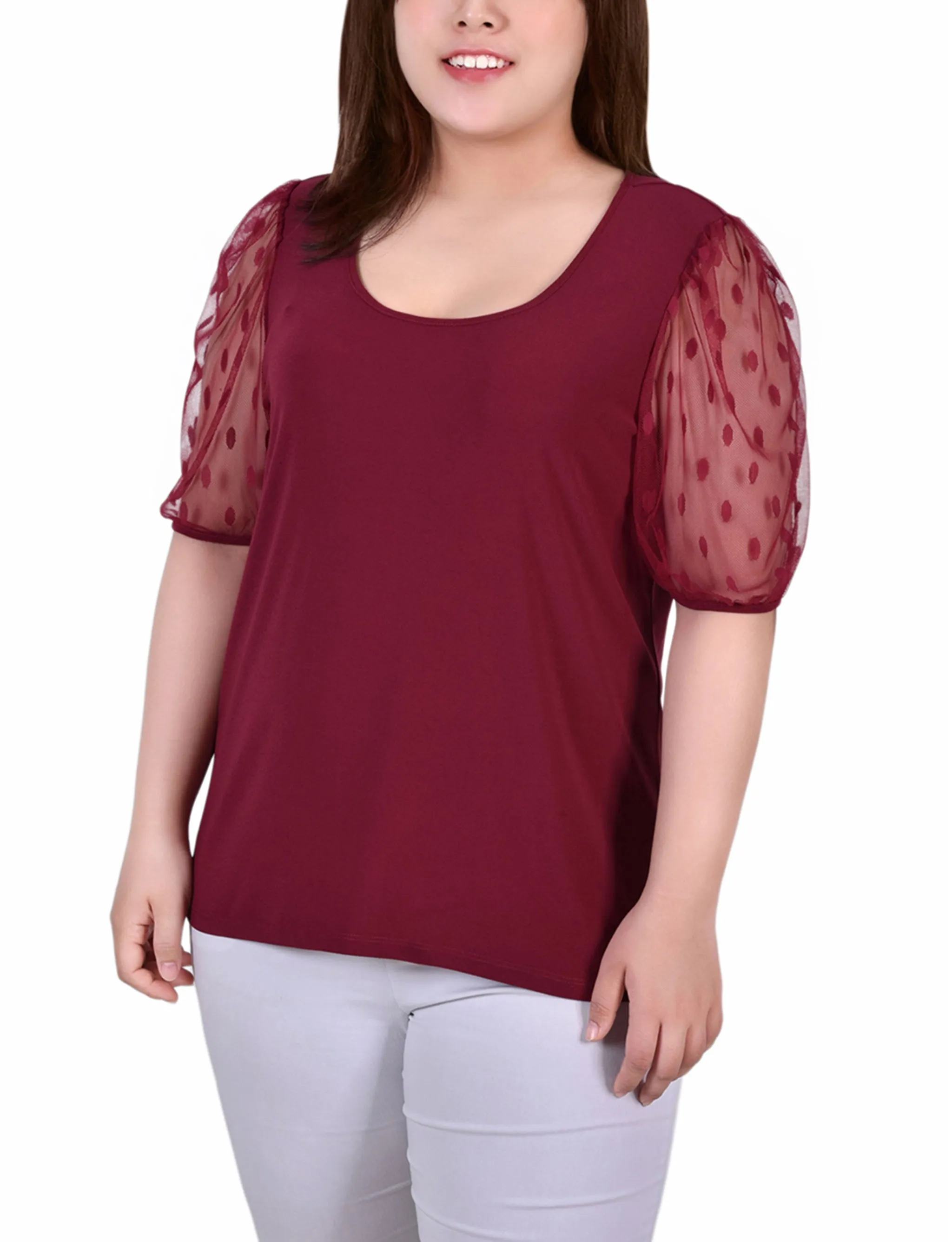 Plus Size Elbow Sleeve Crepe Top With Mesh Dotted Sleeves