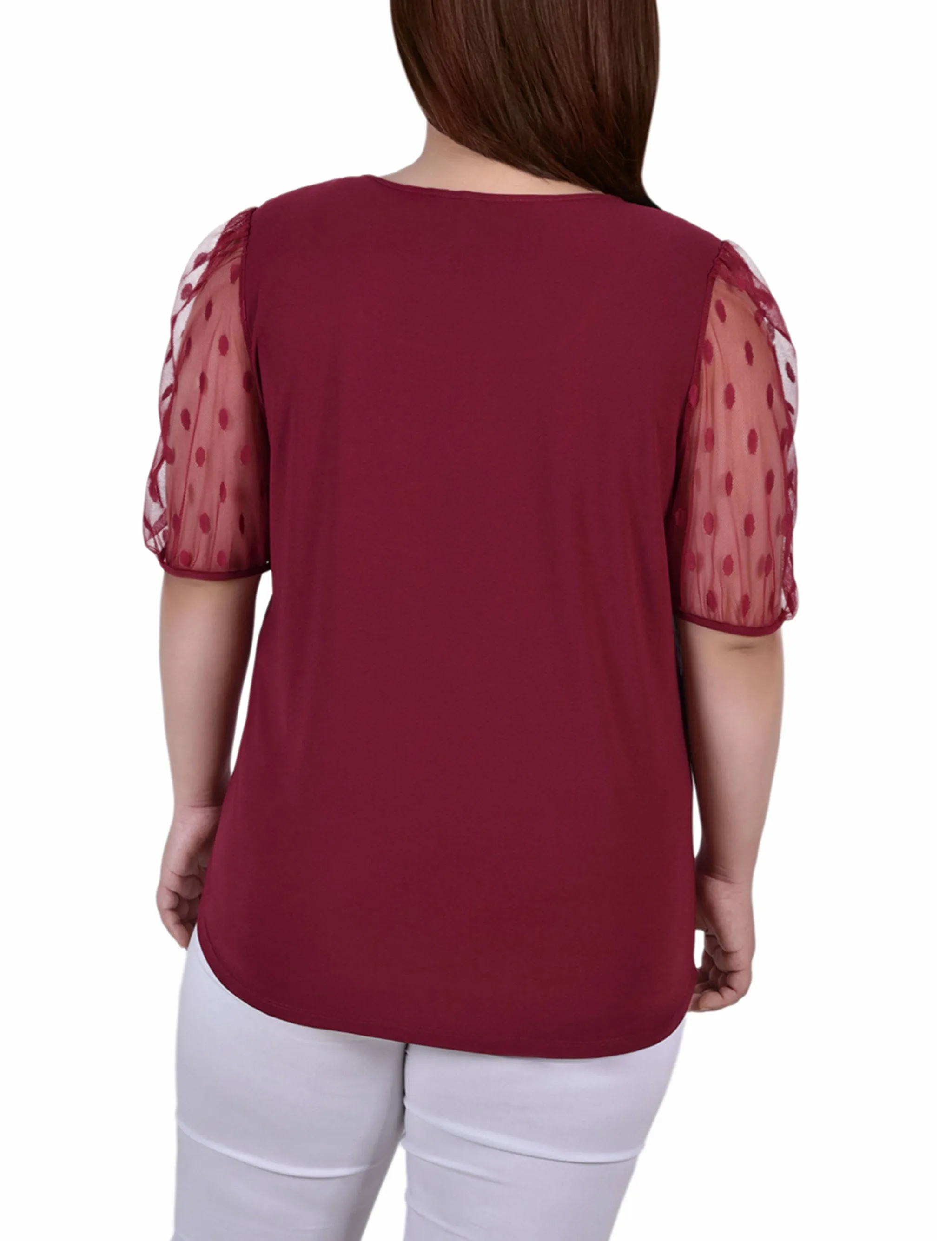 Plus Size Elbow Sleeve Crepe Top With Mesh Dotted Sleeves