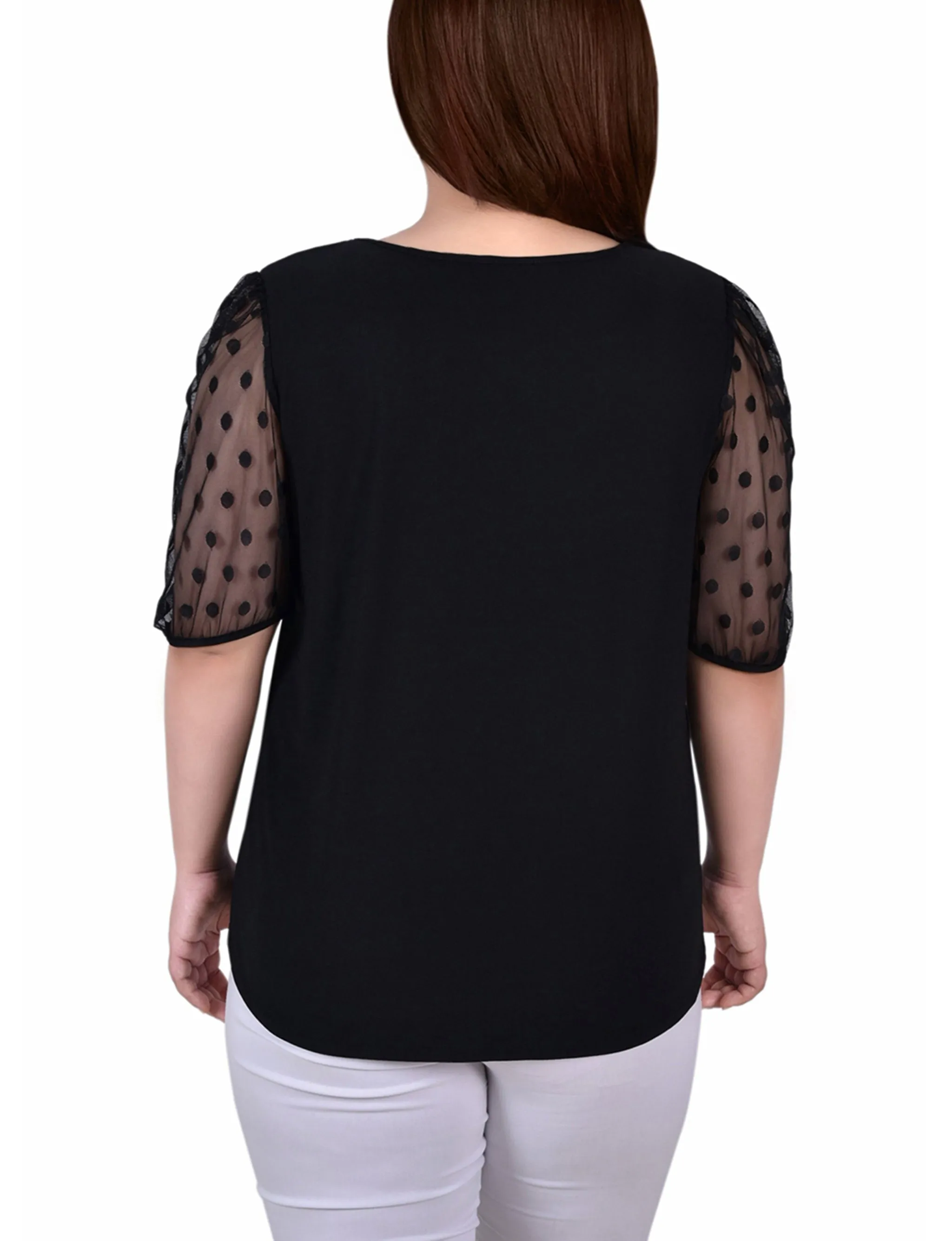 Plus Size Elbow Sleeve Crepe Top With Mesh Dotted Sleeves