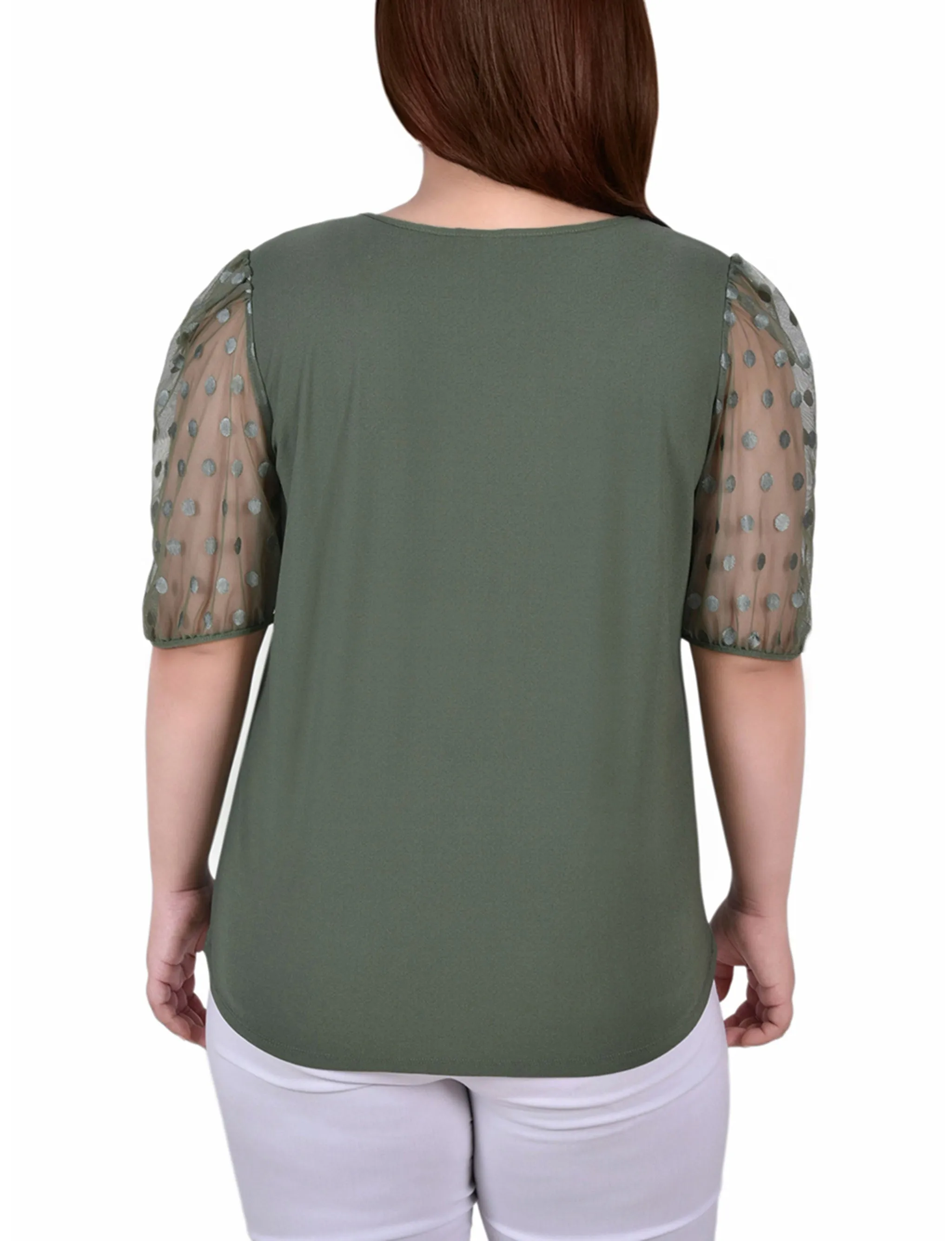 Plus Size Elbow Sleeve Crepe Top With Mesh Dotted Sleeves