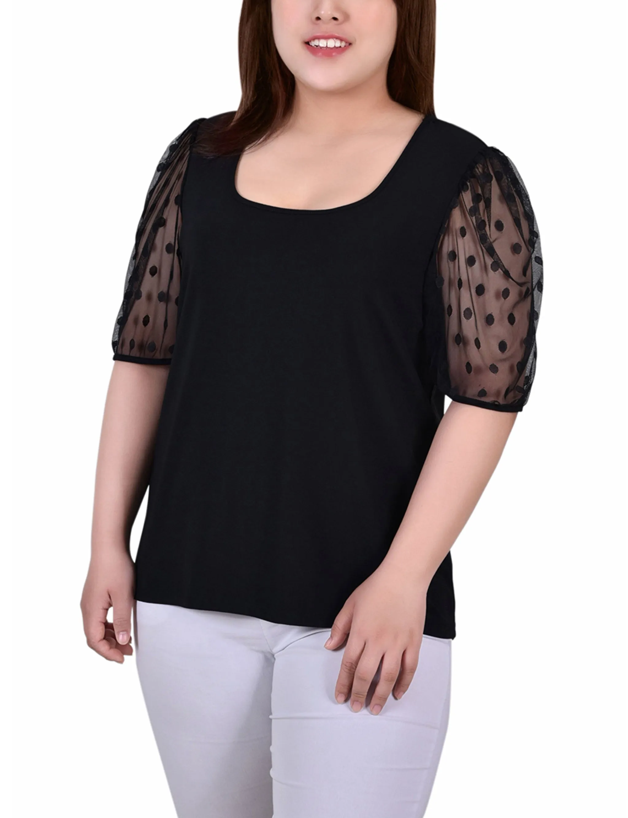 Plus Size Elbow Sleeve Crepe Top With Mesh Dotted Sleeves