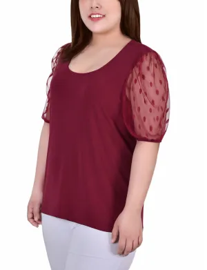 Plus Size Elbow Sleeve Crepe Top With Mesh Dotted Sleeves