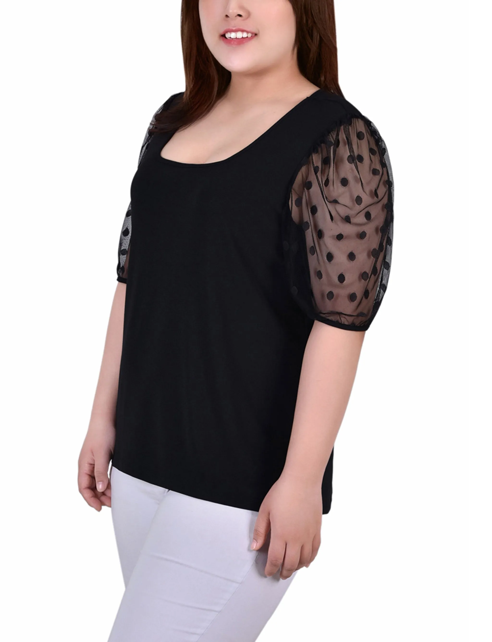 Plus Size Elbow Sleeve Crepe Top With Mesh Dotted Sleeves