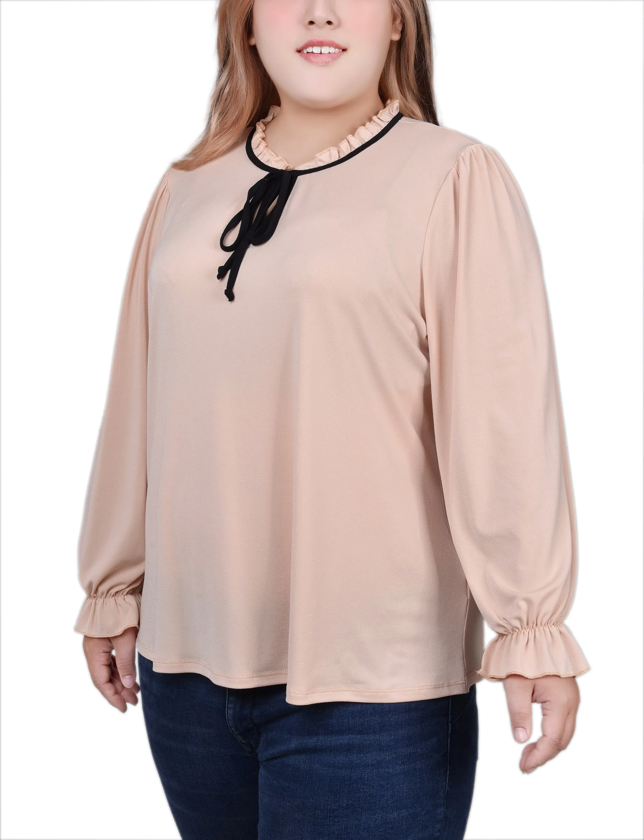 Plus Size Long Sleeve Tie Neck Top