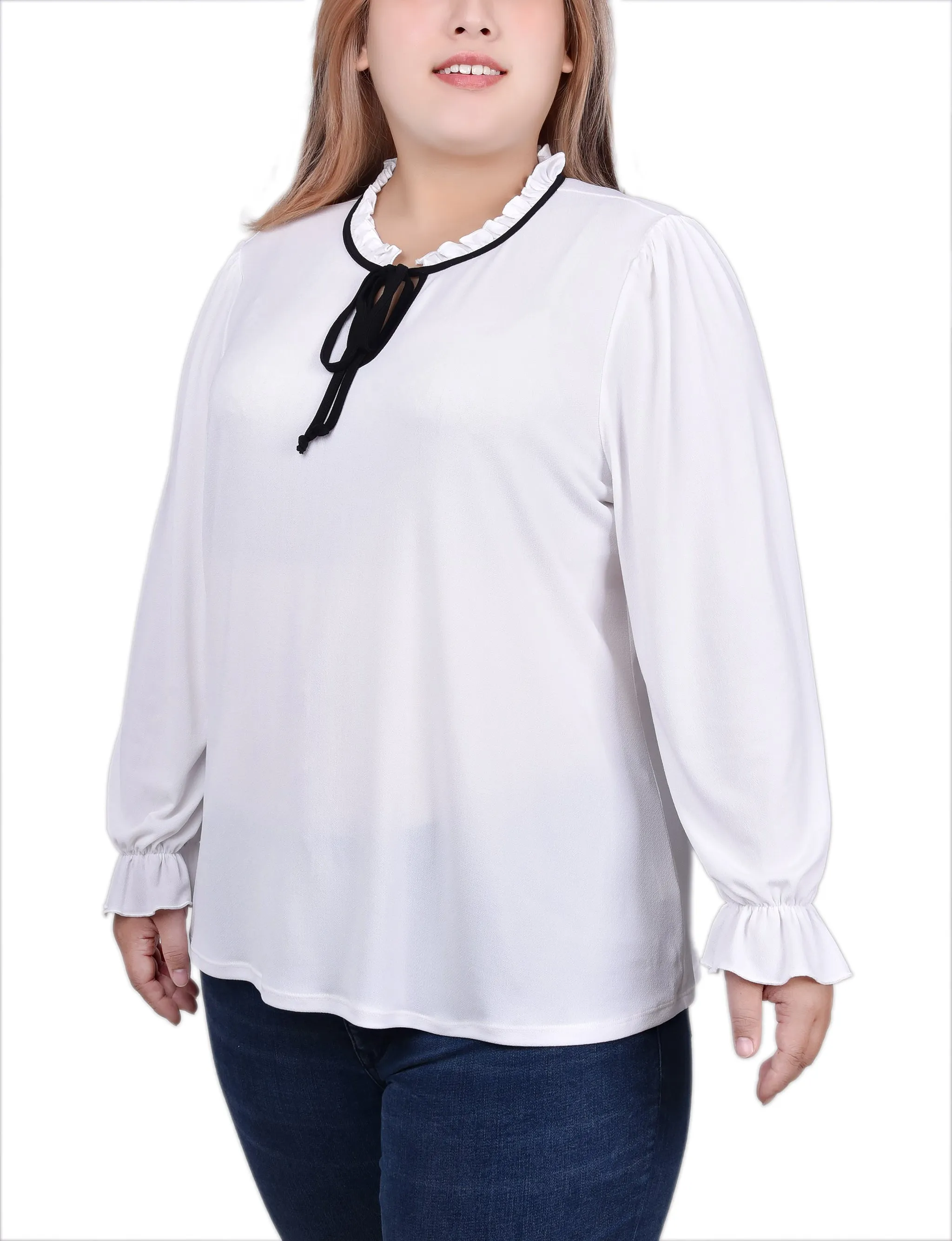 Plus Size Long Sleeve Tie Neck Top