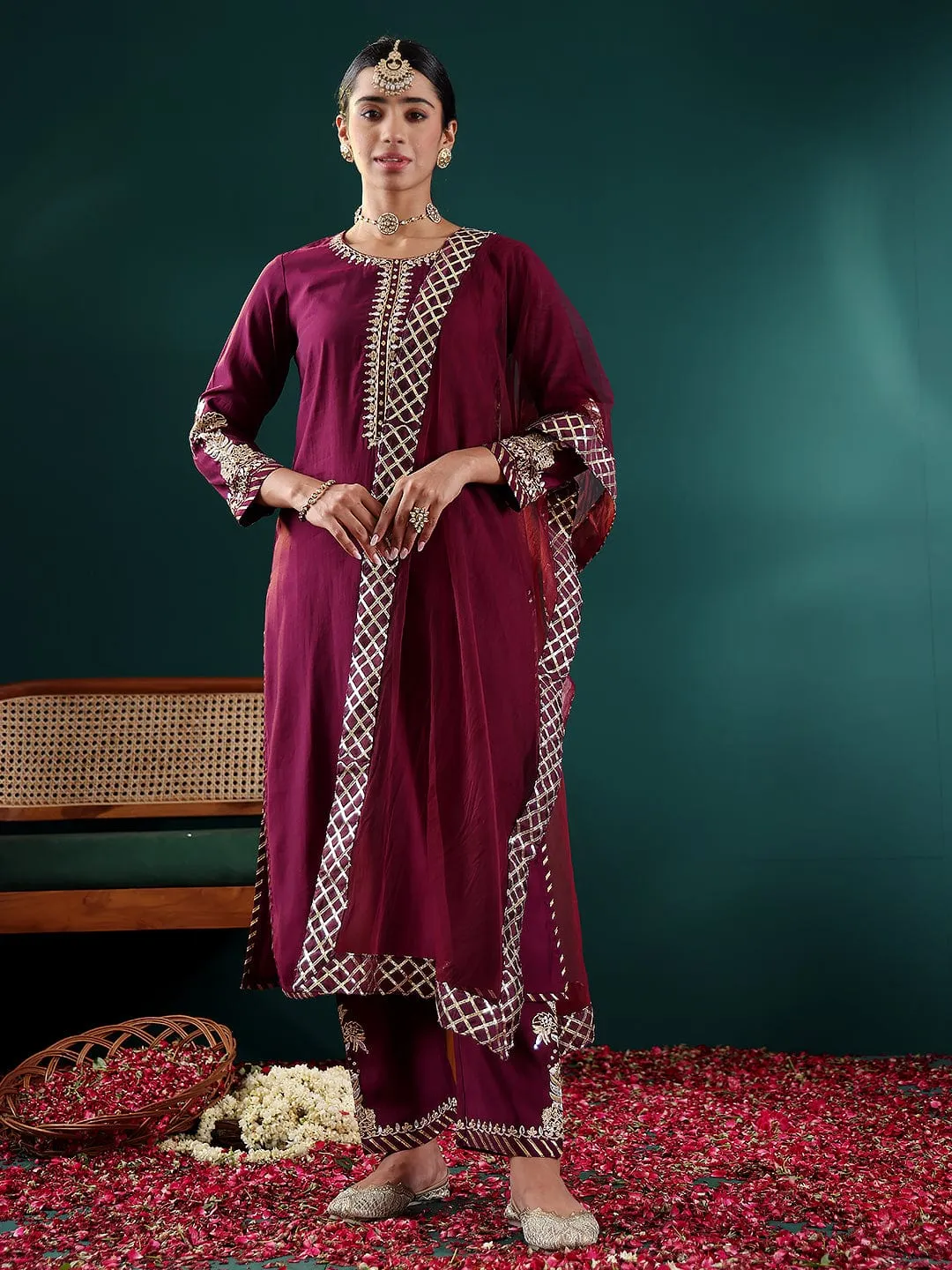 Purple Silk Blend Embroidered Suit Set with Net Dupatta