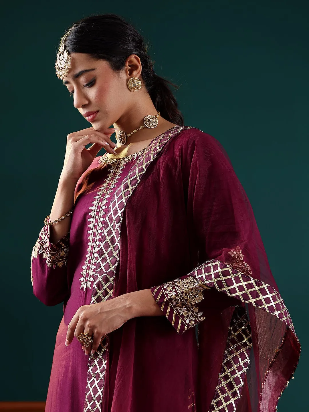 Purple Silk Blend Embroidered Suit Set with Net Dupatta