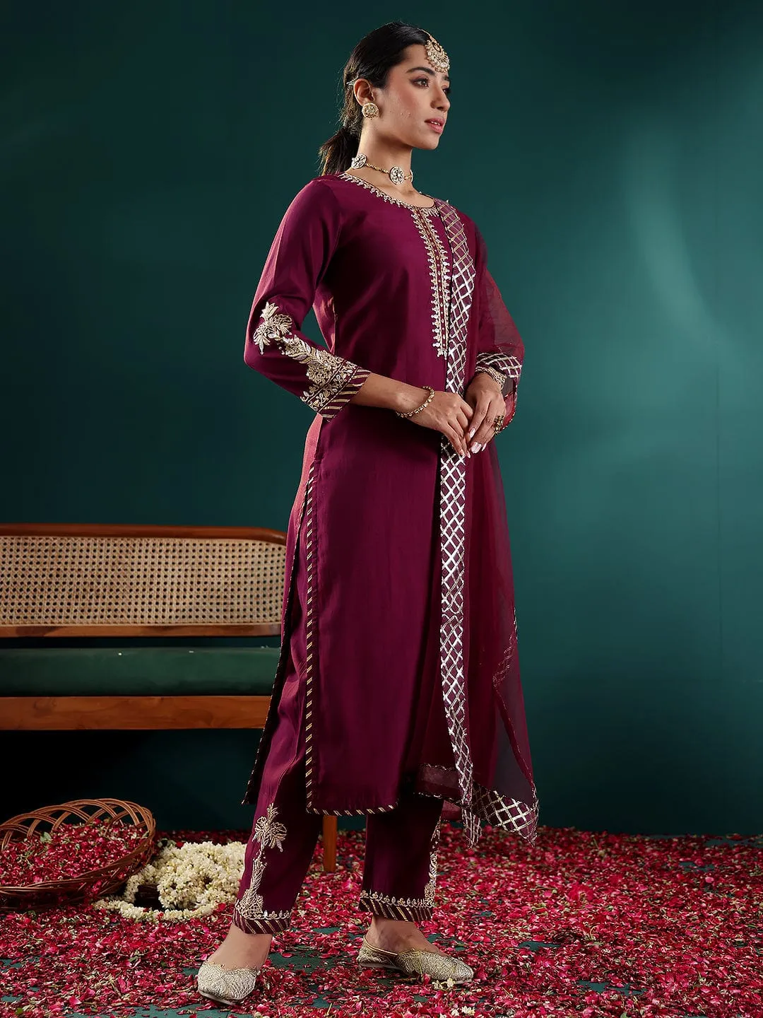 Purple Silk Blend Embroidered Suit Set with Net Dupatta