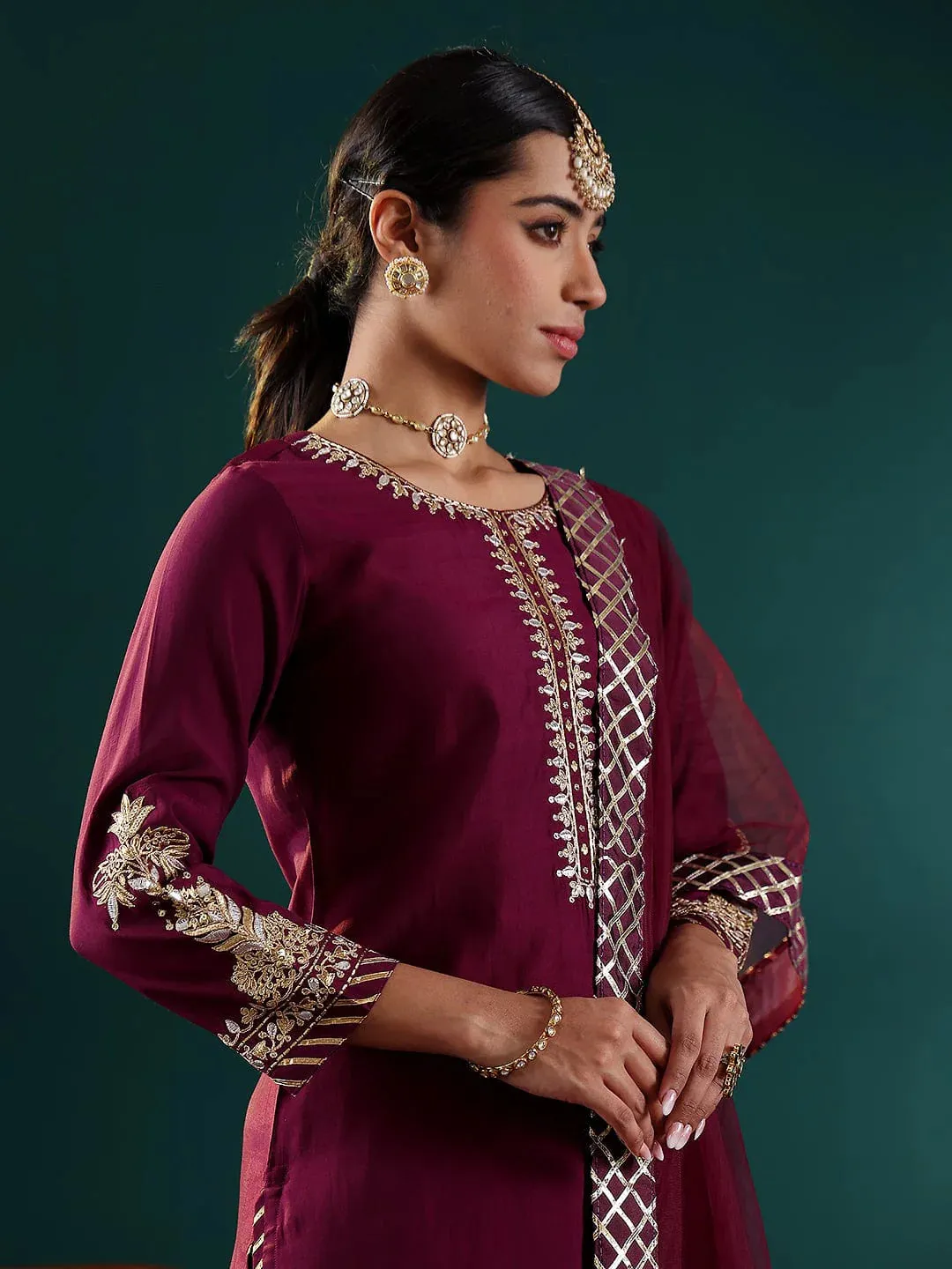 Purple Silk Blend Embroidered Suit Set with Net Dupatta