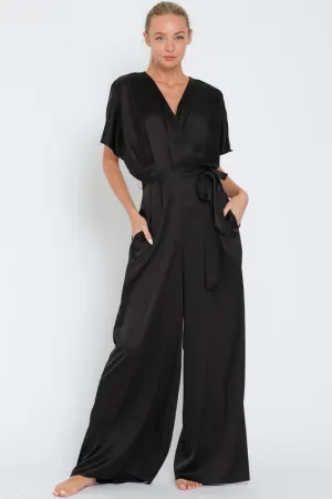 Reba Dolman Sleeve Waist Tie Wide Leg Jumpsuit Black