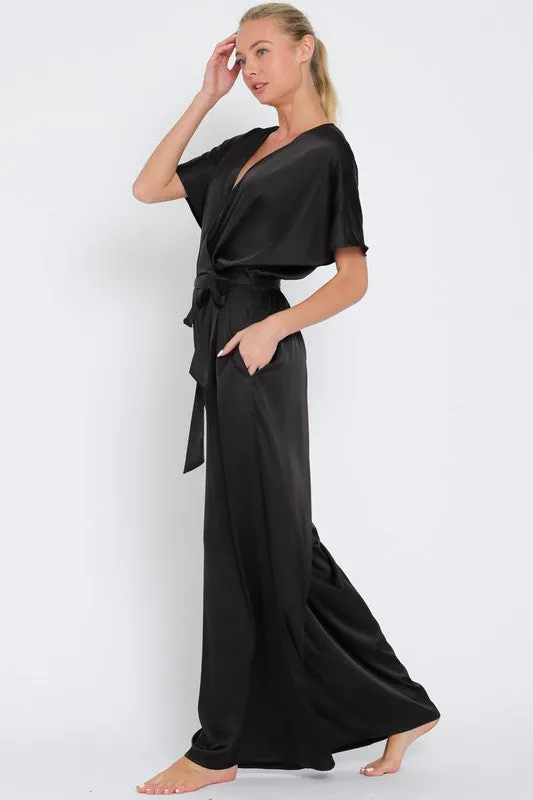 Reba Dolman Sleeve Waist Tie Wide Leg Jumpsuit Black