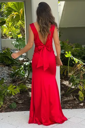 Red Maxi Dress With Open Back And Bow