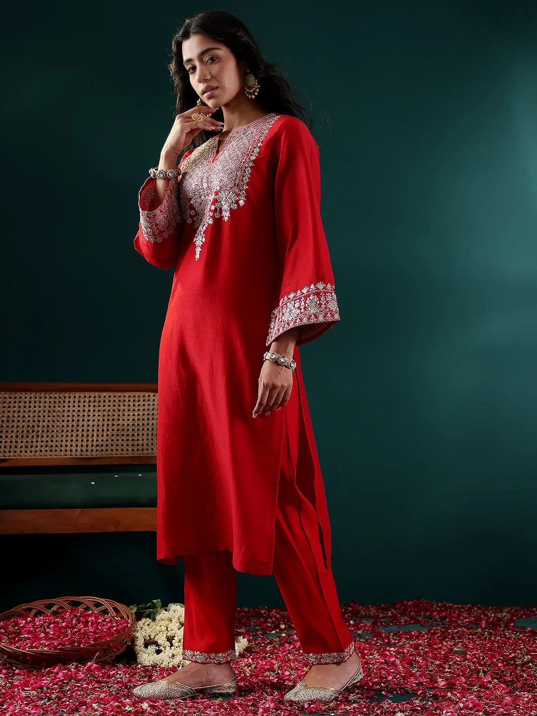 Red Silk Blend Embroidered Suit Set with Silk Chiffon Dupatta