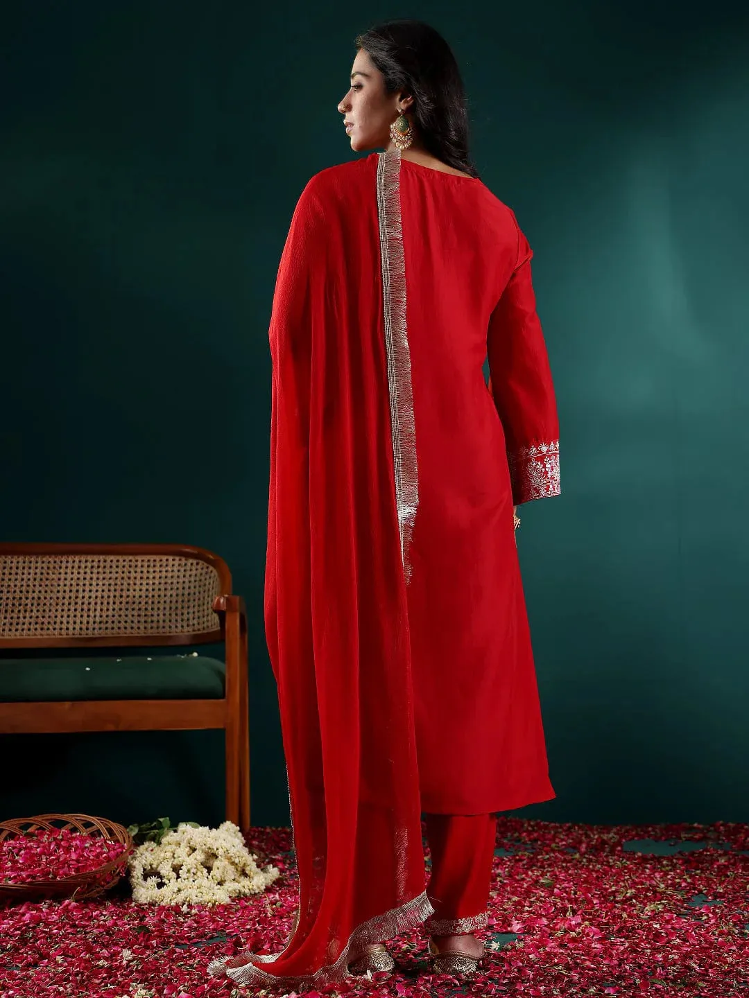 Red Silk Blend Embroidered Suit Set with Silk Chiffon Dupatta