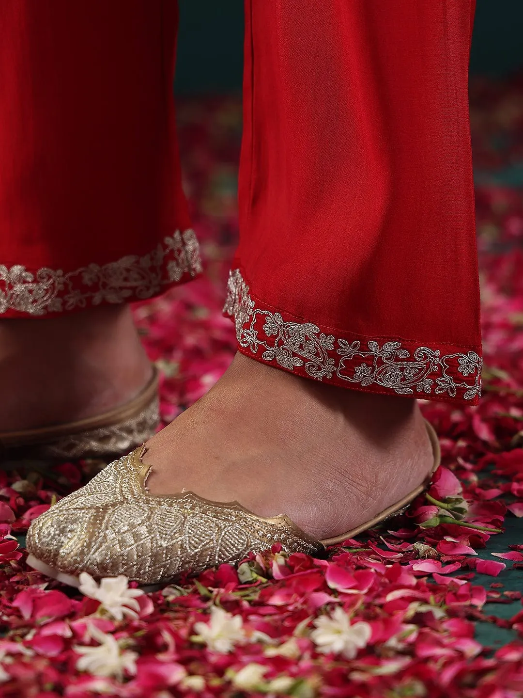 Red Silk Blend Embroidered Suit Set with Silk Chiffon Dupatta