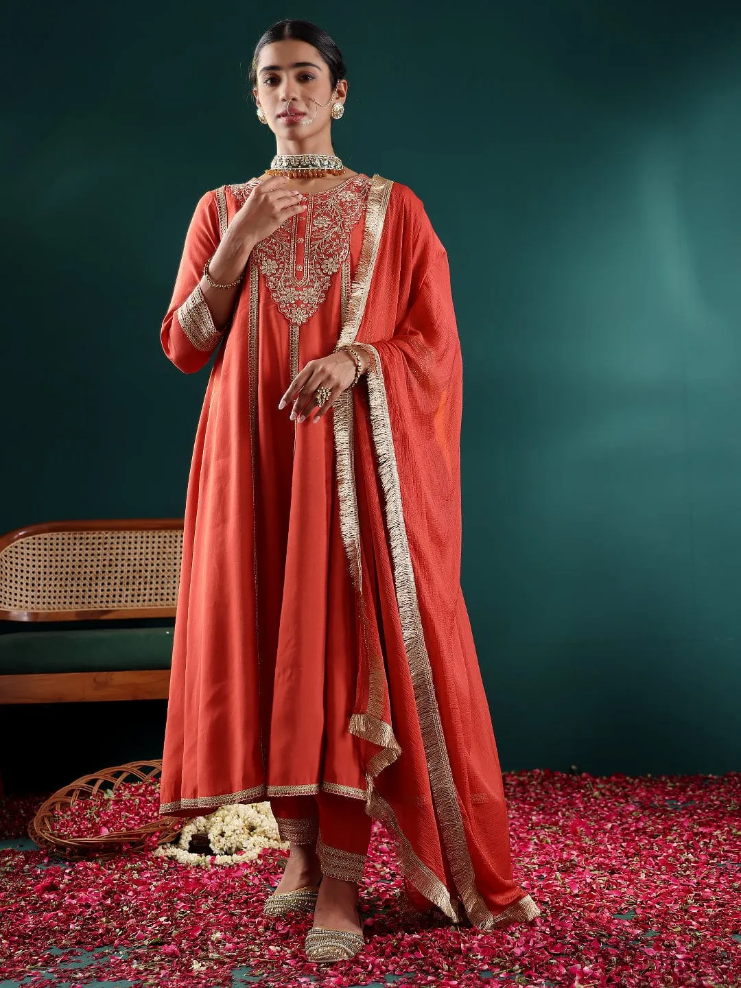 Rust Silk Blend Zari & Sequins Embroidered Anarkali Suit Set with Silk Chiffon Dupatta