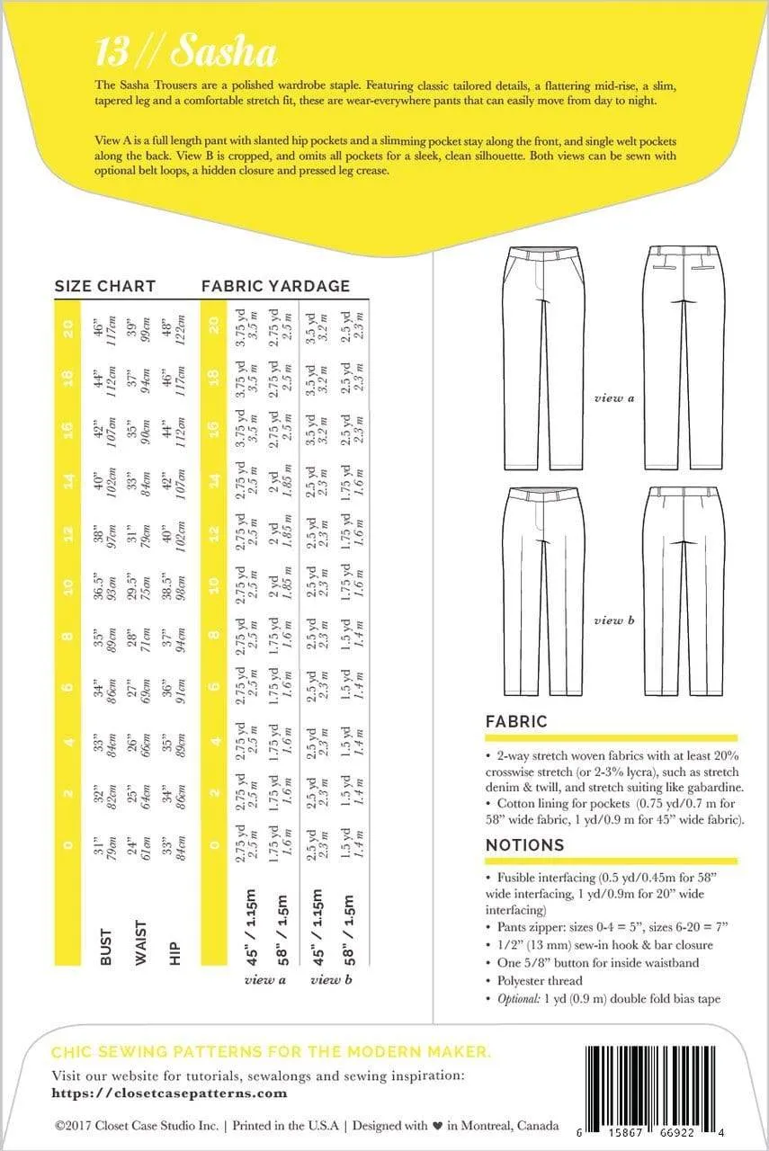 Sasha Trousers - Closet Core Patterns - Sizes 0-20