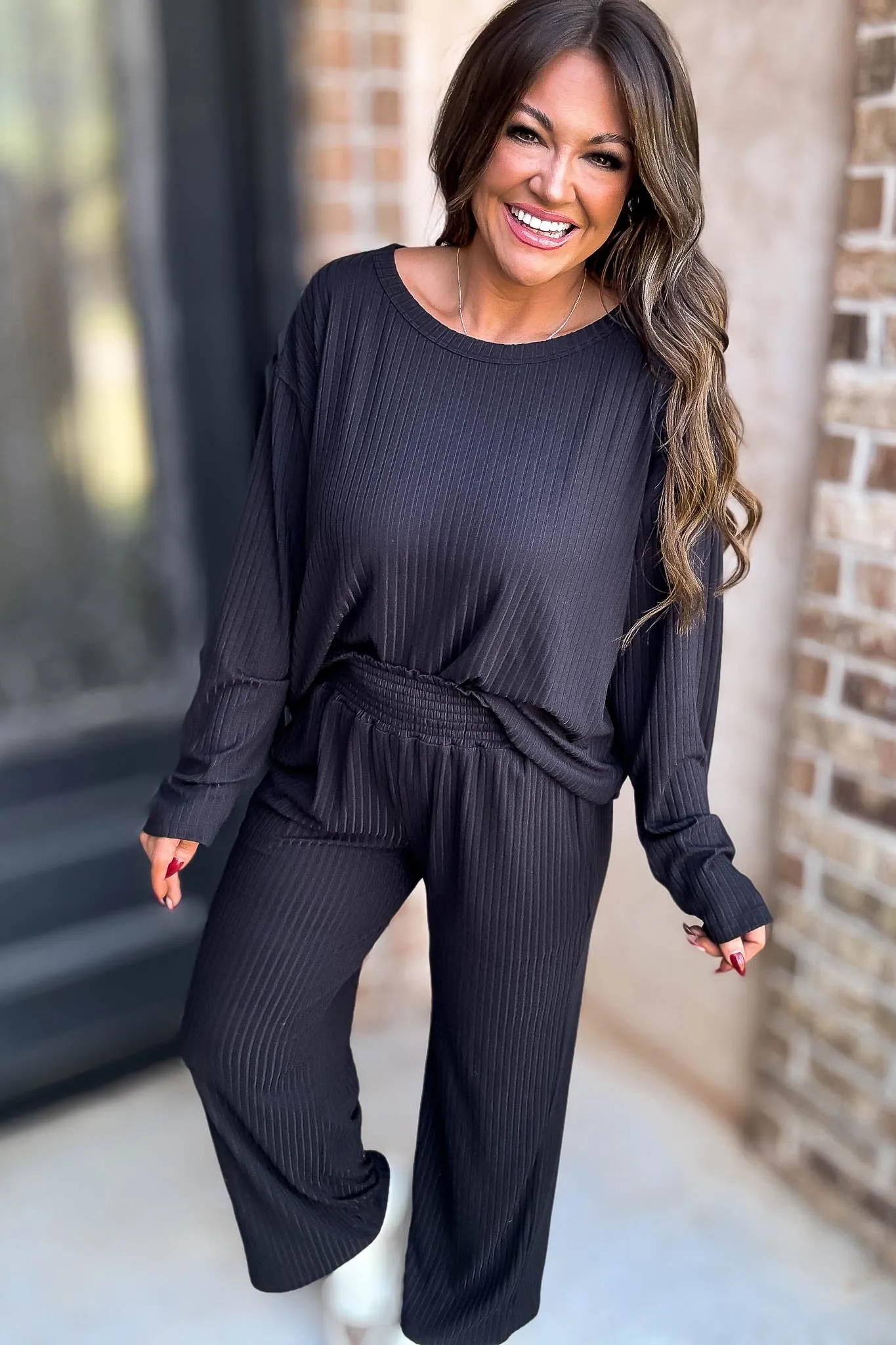 Smocked Waistband Ribbed Wide Leg Black Pants