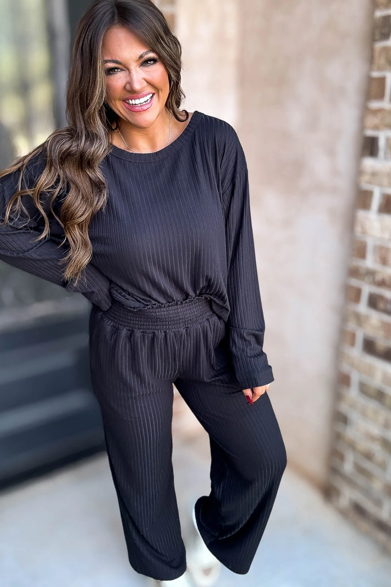 Smocked Waistband Ribbed Wide Leg Black Pants