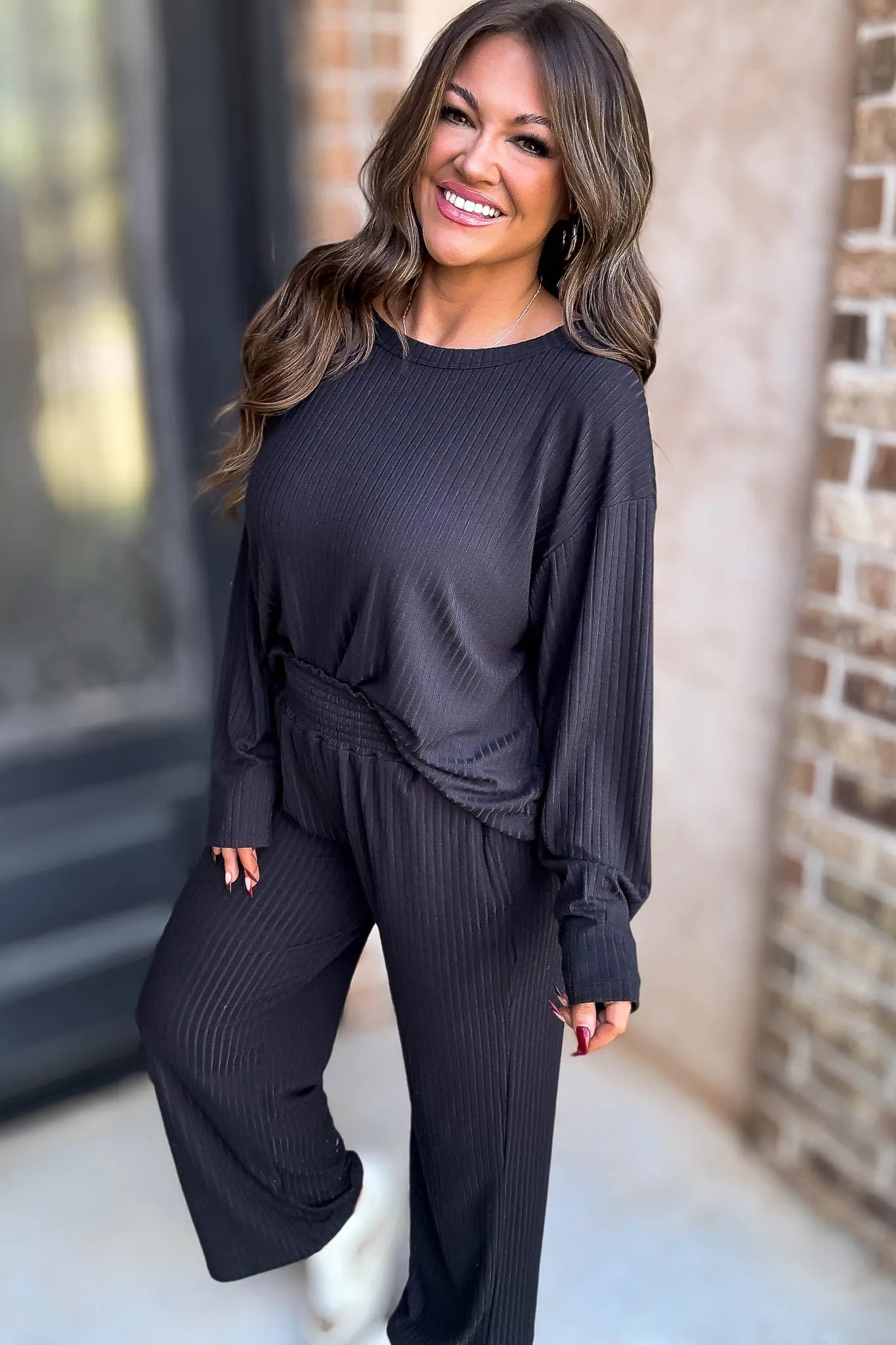 Smocked Waistband Ribbed Wide Leg Black Pants