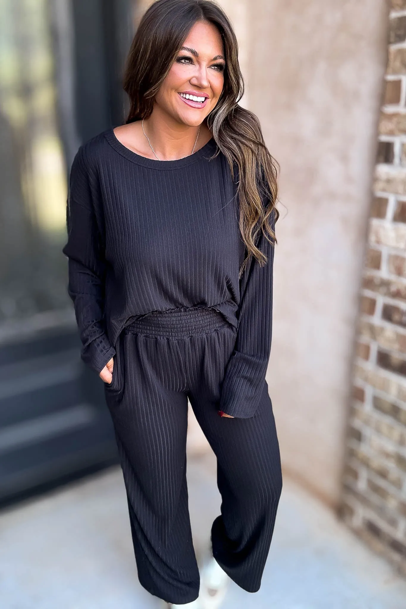 Smocked Waistband Ribbed Wide Leg Black Pants