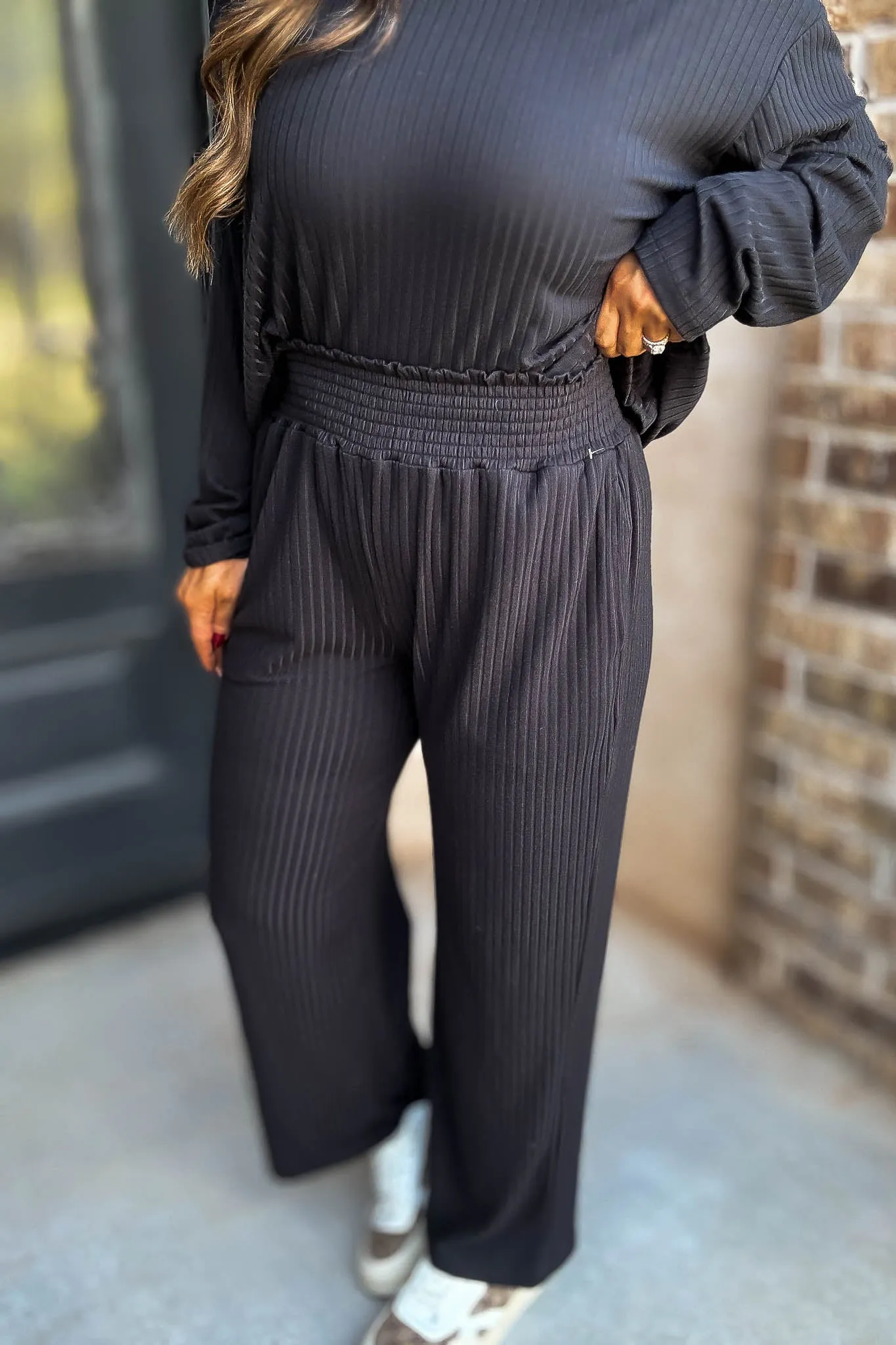 Smocked Waistband Ribbed Wide Leg Black Pants