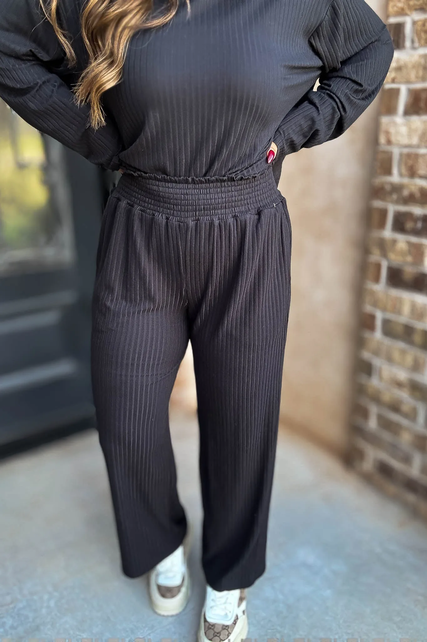 Smocked Waistband Ribbed Wide Leg Black Pants