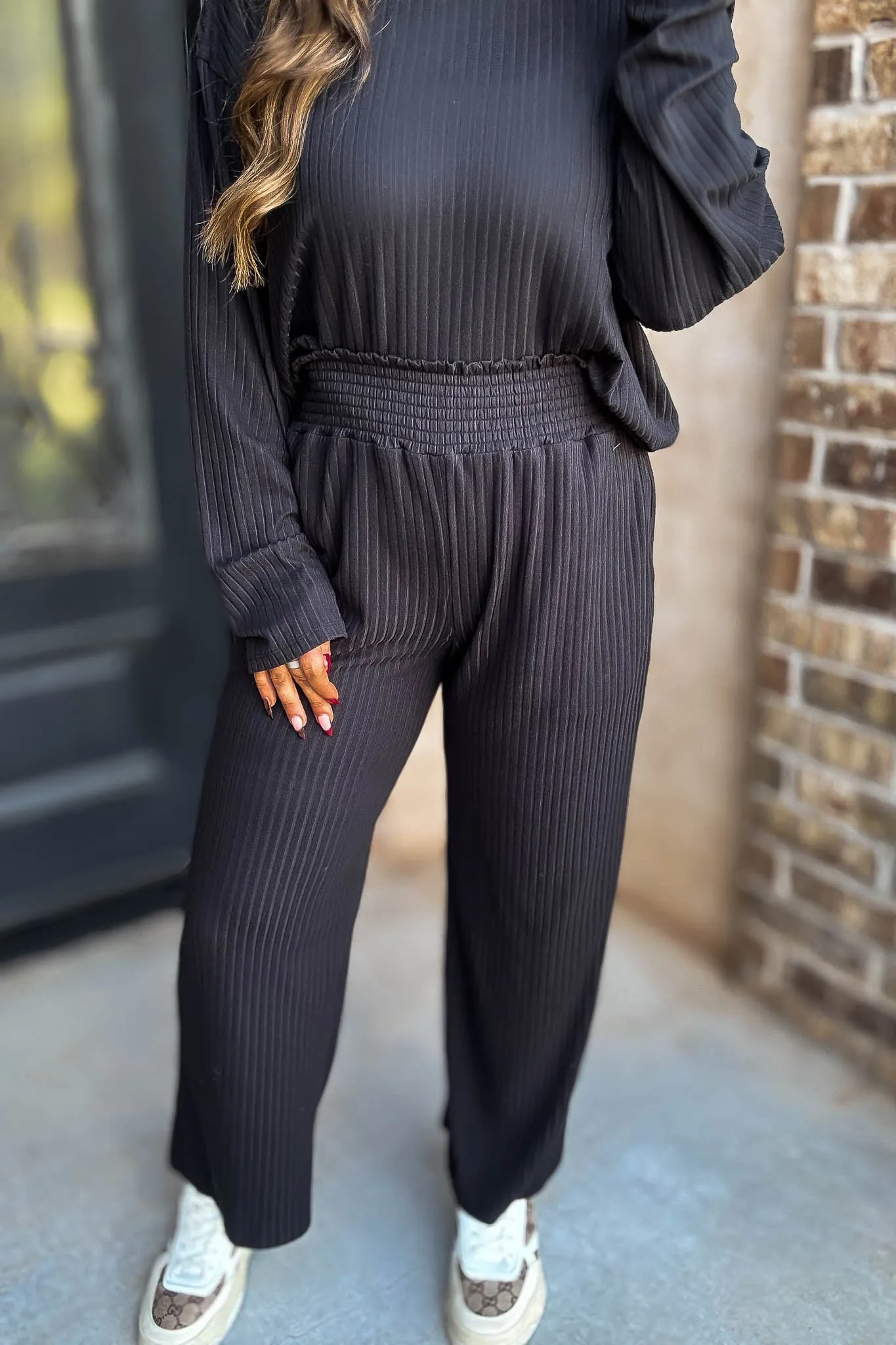 Smocked Waistband Ribbed Wide Leg Black Pants