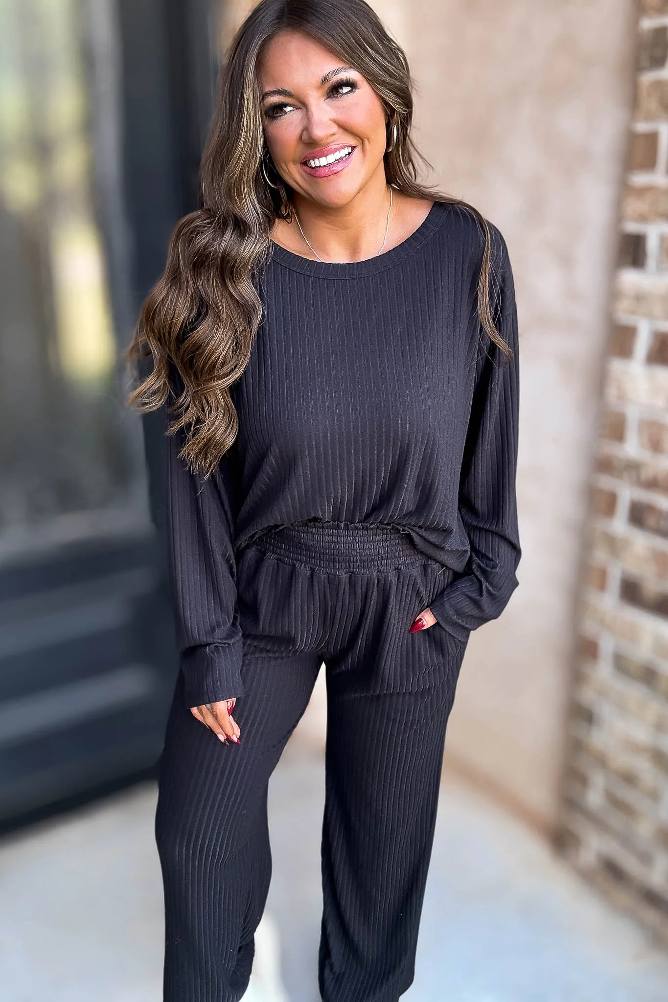 Smocked Waistband Ribbed Wide Leg Black Pants