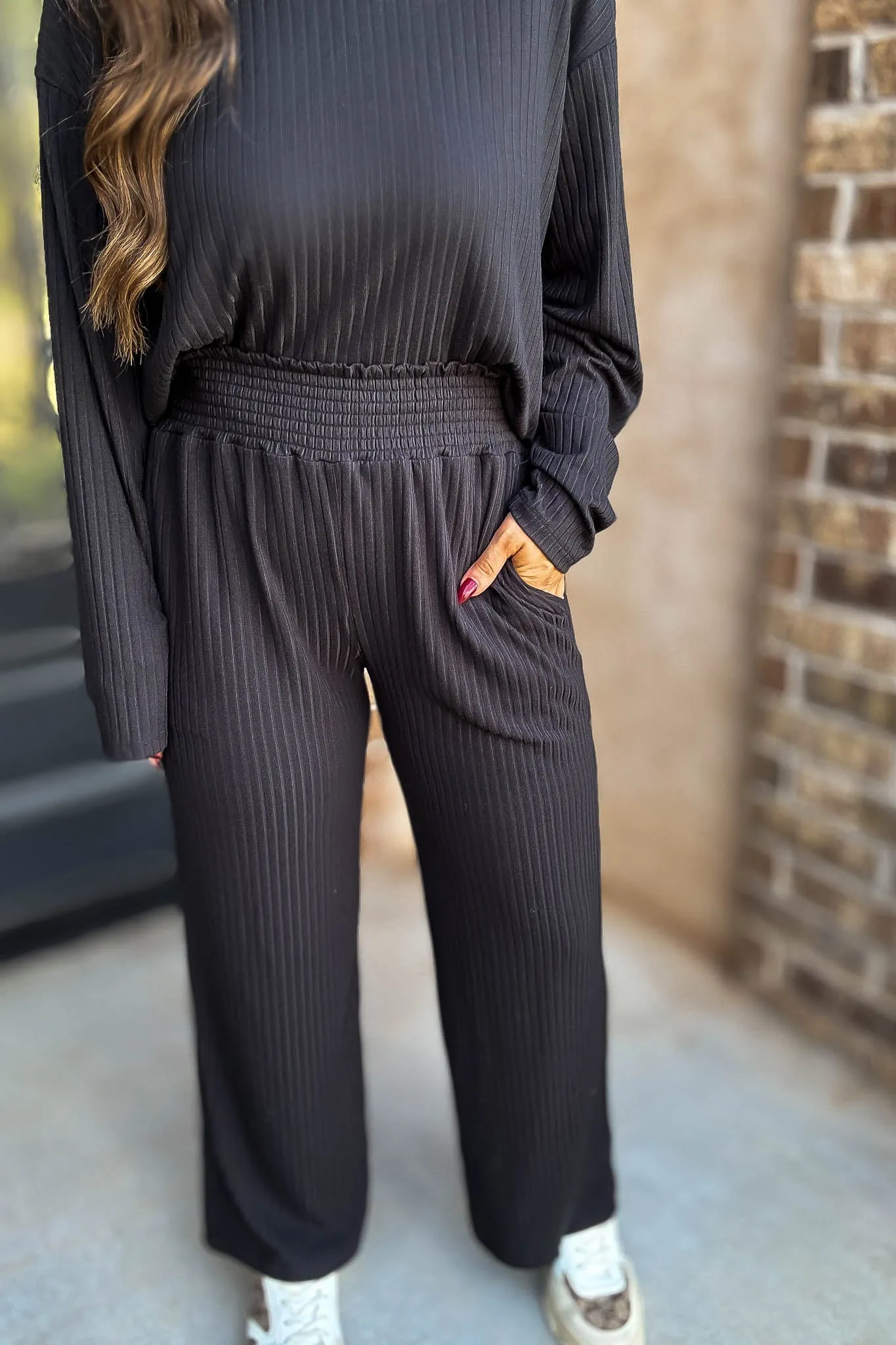 Smocked Waistband Ribbed Wide Leg Black Pants