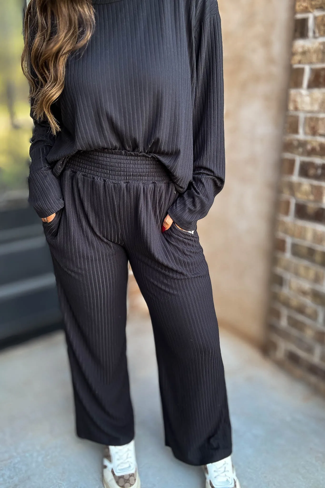 Smocked Waistband Ribbed Wide Leg Black Pants