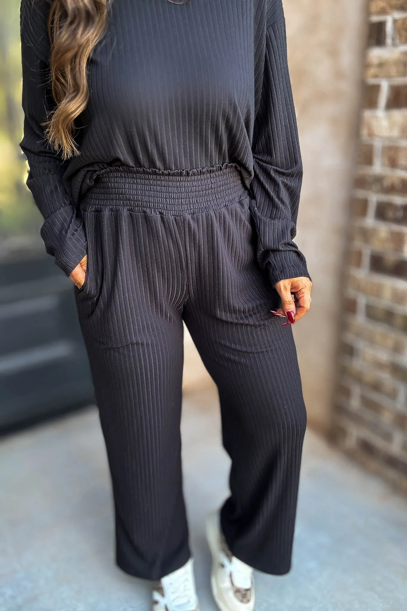 Smocked Waistband Ribbed Wide Leg Black Pants