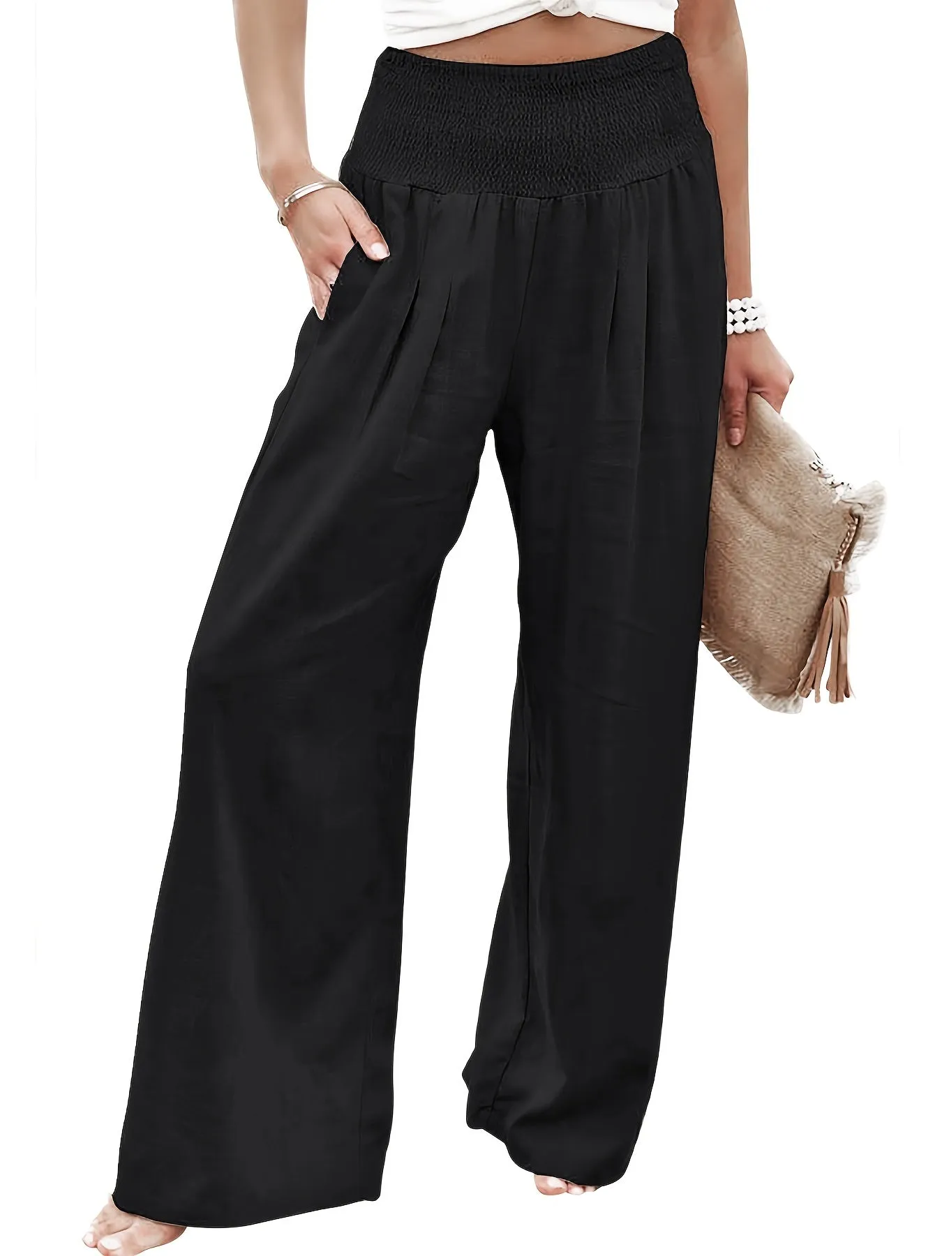 Solid Color Wide Leg Casual Loose Straight High Waist Fashion Comfy Spring  Summer Vacation Pants