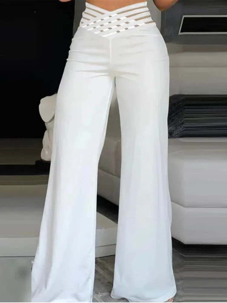 Solid High Waist Flared Pants Summer Chic Loose Crisscross Sheer Mesh Patch Wide Leg Trousers Y2k Elegant Holiday Streetwear