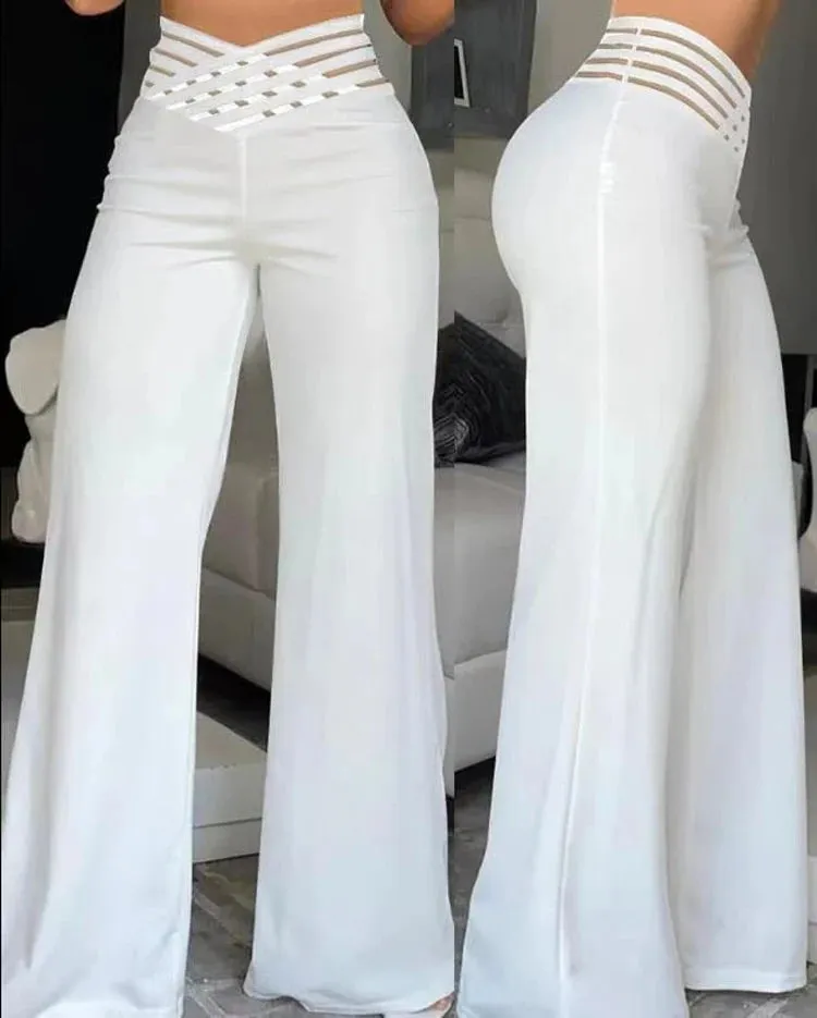 Solid High Waist Flared Pants Summer Chic Loose Crisscross Sheer Mesh Patch Wide Leg Trousers Y2k Elegant Holiday Streetwear