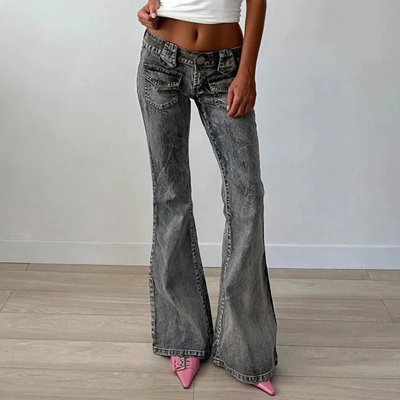 Streetwear Chic Low Waist Jeans for Women Denim Cargo Style Distressed Vintage Flared Trousers Slim Elegant Pants New