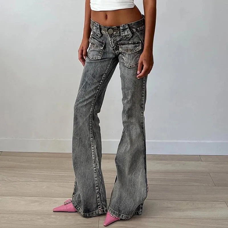 Streetwear Chic Low Waist Jeans for Women Denim Cargo Style Distressed Vintage Flared Trousers Slim Elegant Pants New